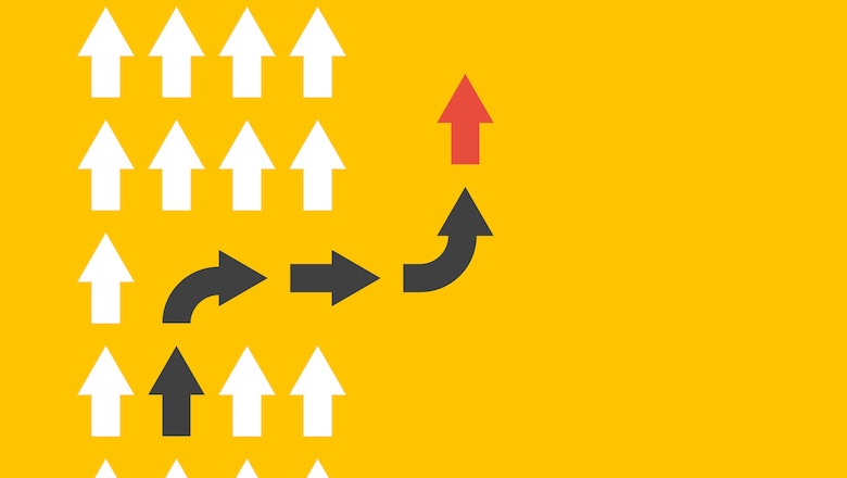 white arrows group in one direction and black arrows with different way, business innovations or new strategy vector concept, follow leader illustration, change game rules
